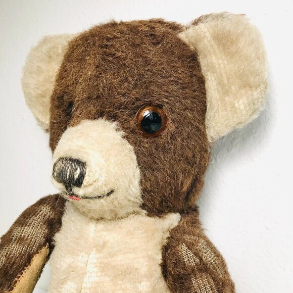 Antique Mohair Bear Two Tone Brown & White Jointed Glass Eyes Claws Tongue Teddy - Picture 7 of 15